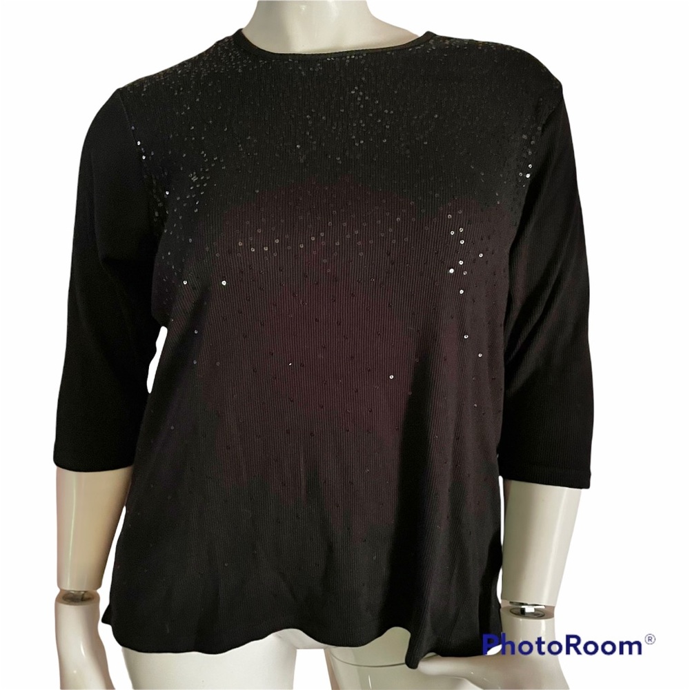 Quacker Factory Black Sequined Ribbed Knit Top - image 2